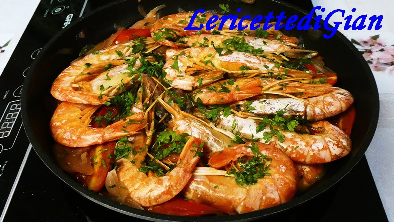 gamberoni in padella con pomodorini e olive