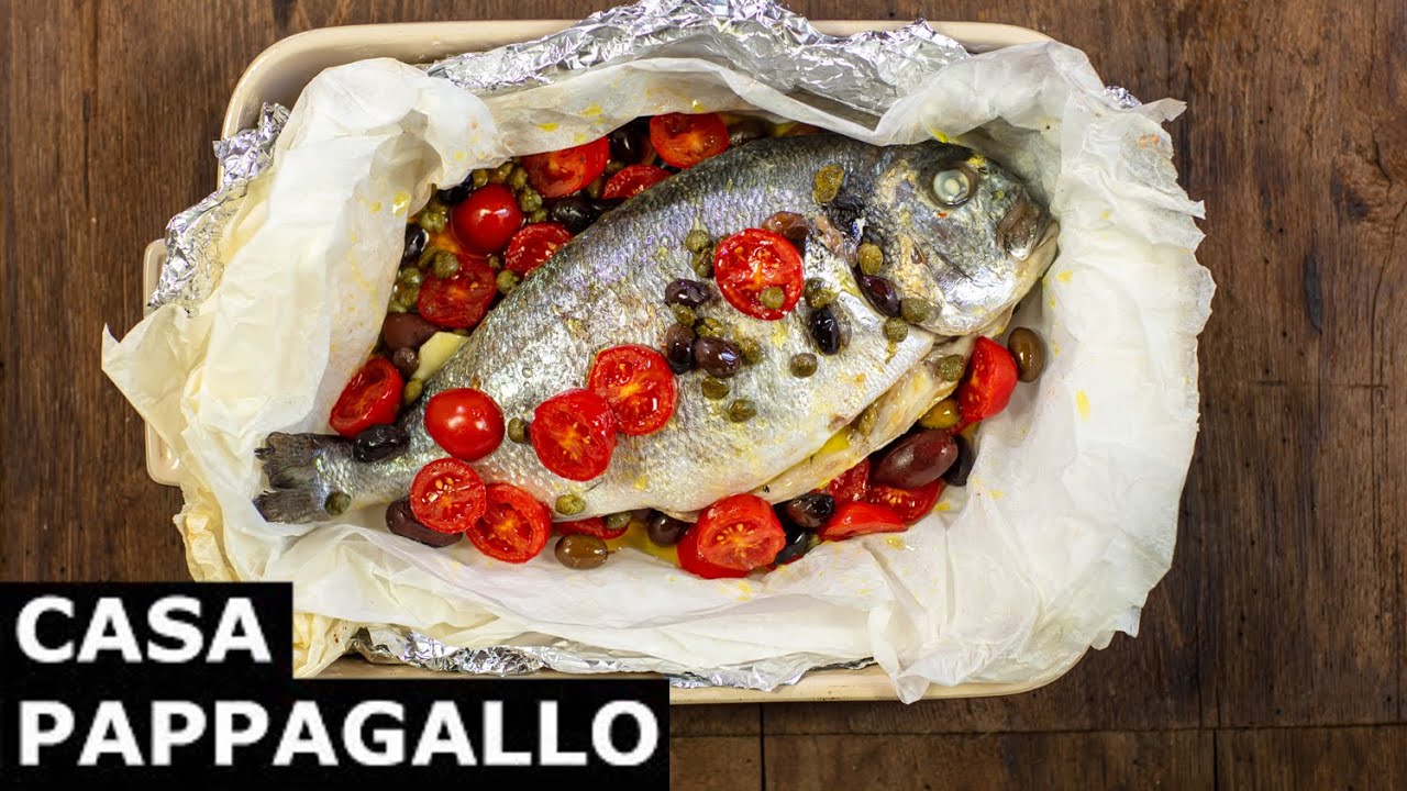 orata al cartoccio con pomodorini e olive